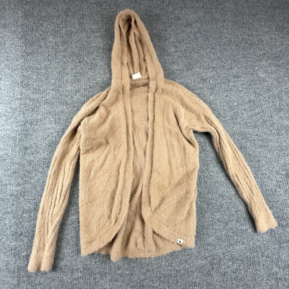 Abercrombie Cardigan Sweater Womens Medium Beige Hooded Open Front Fuzzy Knit